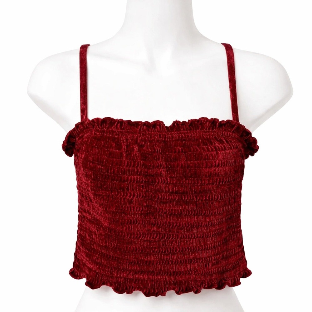 Velvet Crop Top Womens Small Burgundy Red Square Neck Stretch Fitted‎ Cami Y2K